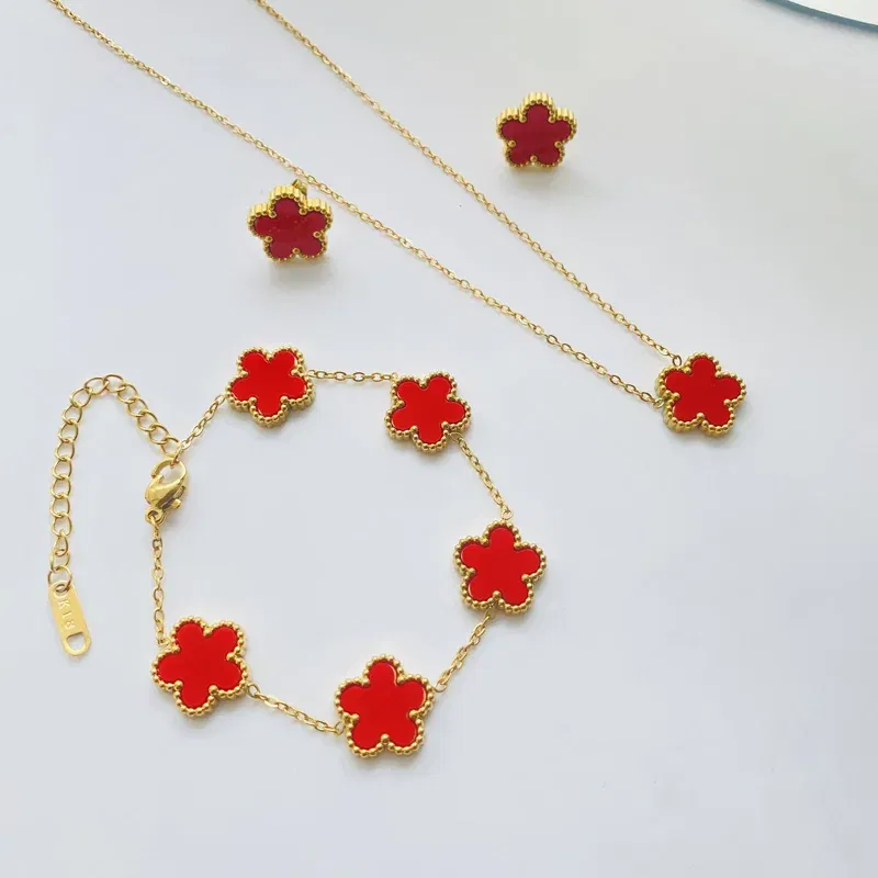 Metal color: Pure Gold Color - 3pcs/set Stainless Steel Flower Jewelry Set Gifts Luxury Modern Fashion Charm Necklace Earrings Bracelet Set Jewelry for Women