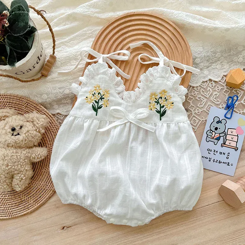 Color: Beige, Ships From: CN, Kid Size: 6M - 2025 Summer Charming Sleeveless Bow Tie Flower Embroidered Infant Newborn Girls One Piece Bodysuits Soft Baby Girl Lace Jumpsuit