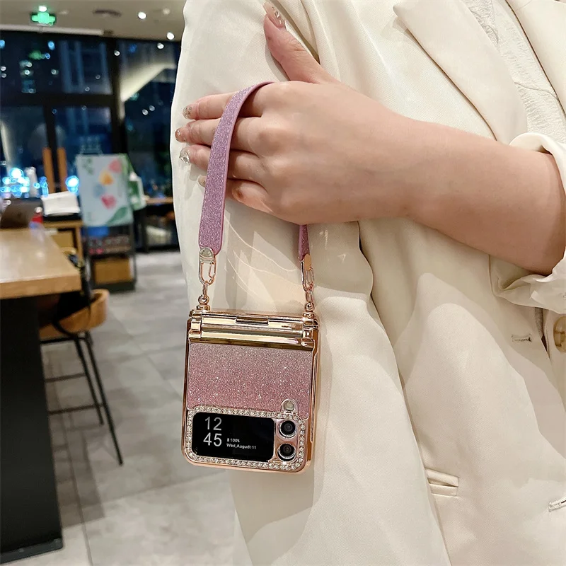 Color: black, Material: Cotton Fabric - For Samsung Galaxy Z Flip 6 5 4 3 Case 3D Jewelled Diamond Luxury Gradient Bling Glitter Wrist Strap Holder Tote Bags Cover