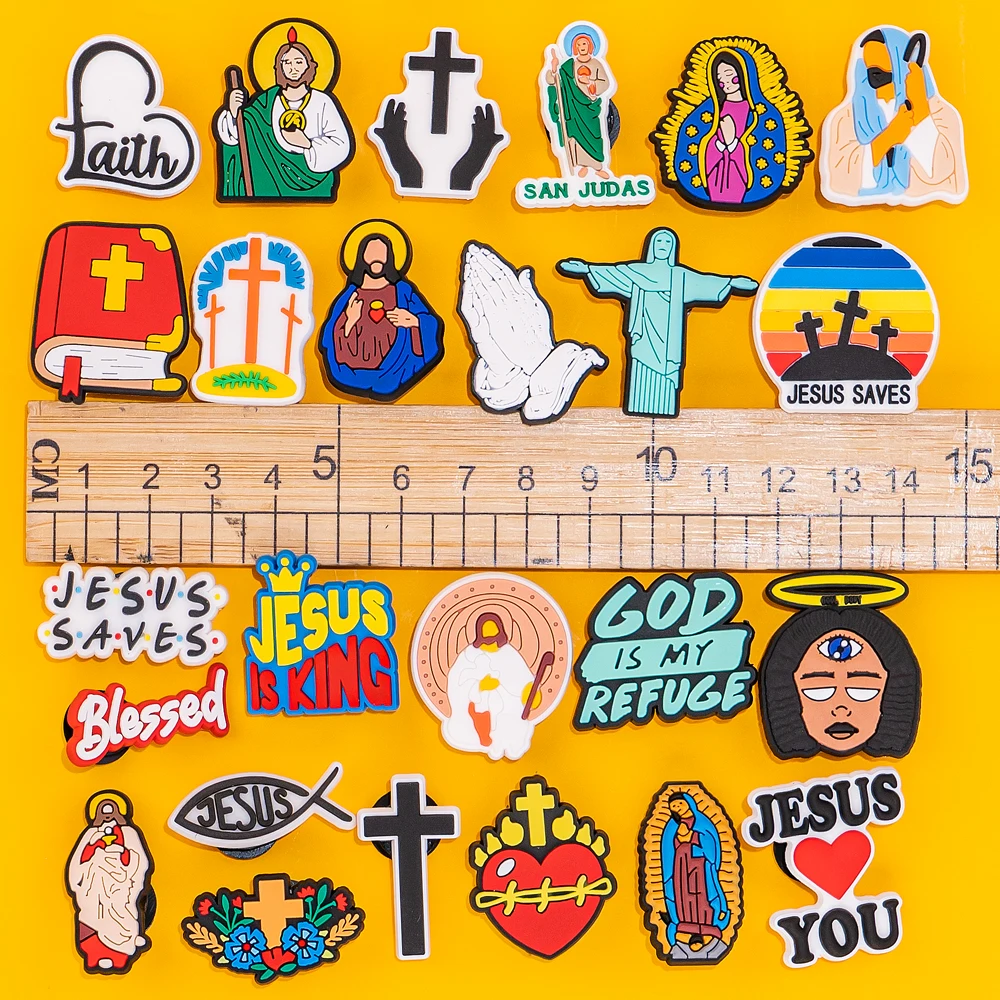 Color: VIOLET - 1pcs New Shoe Charm Religion PVC Clog Charms Crucifix Blessed Virgin Mary Clog Pin Clips Jeans Garden Sandal Shoe Decoration