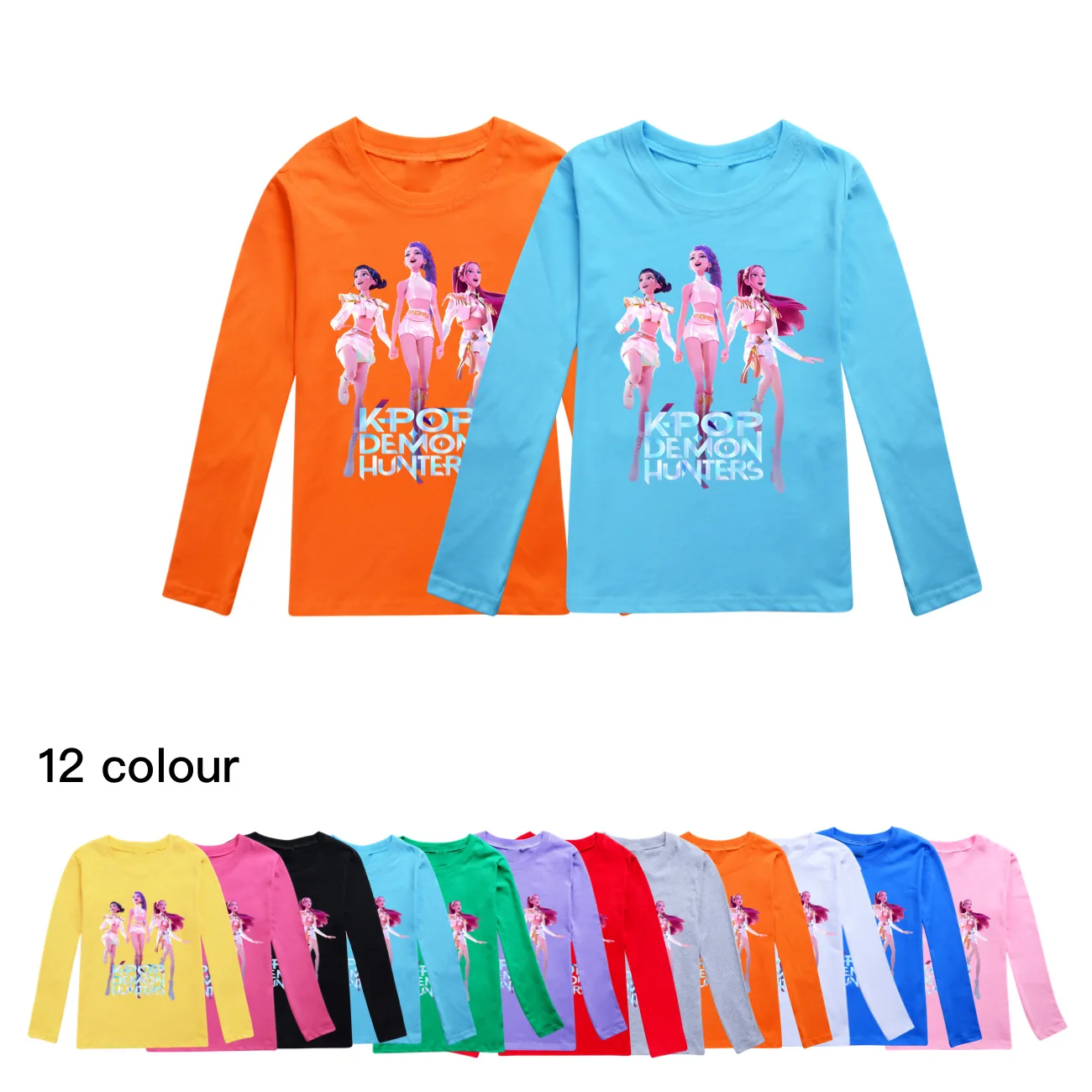 Color: Beige, Kid Size: 5 - KPop Demon Hunters Huntrix Tshirt Kids Clothes Teenage Boys O-Neck Cartoon Casual T-shirts Girls Long Sleeve Tops Child Clothing