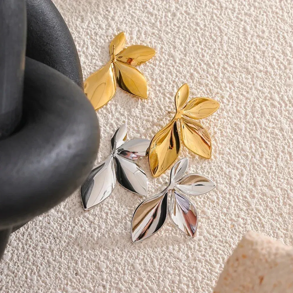 Metal Color: Light Yellow Gold Color - 1 pair 3.5?—2.2cm Leaves Stud Earrings Fashion Anti Allergy Flower Stud Earrings Texture Waterproof Stainless Steel Stud Earrings