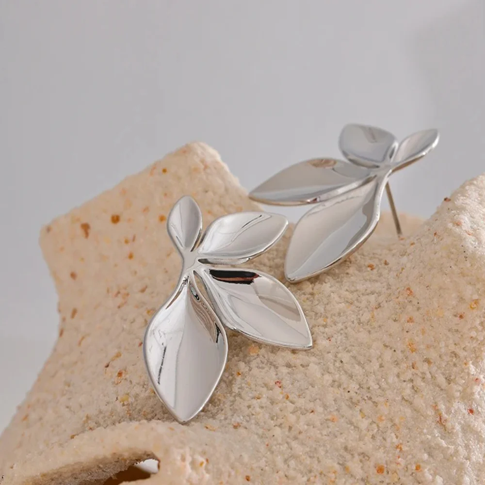 Metal Color: Light Yellow Gold Color - 1 pair 3.5?—2.2cm Leaves Stud Earrings Fashion Anti Allergy Flower Stud Earrings Texture Waterproof Stainless Steel Stud Earrings