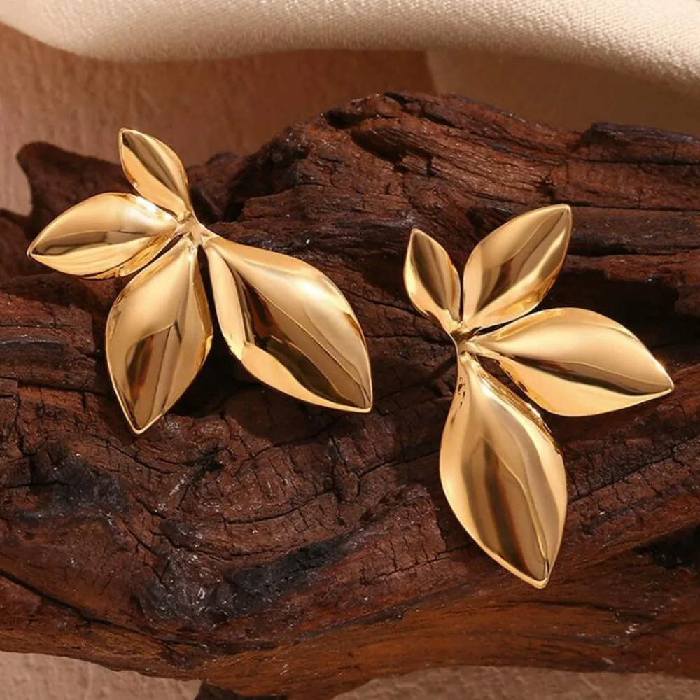 Metal Color: Light Yellow Gold Color - 1 pair 3.5?—2.2cm Leaves Stud Earrings Fashion Anti Allergy Flower Stud Earrings Texture Waterproof Stainless Steel Stud Earrings