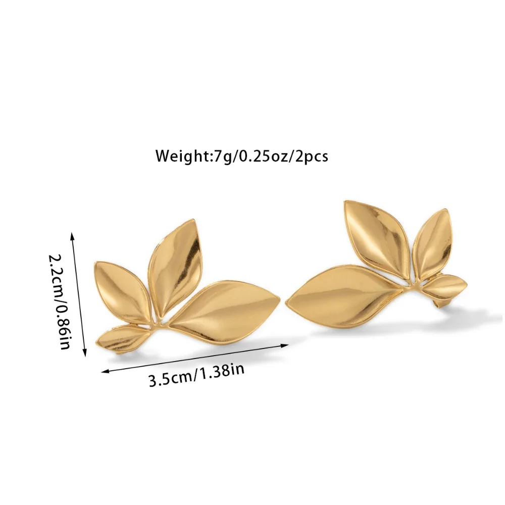 Metal Color: Light Yellow Gold Color - 1 pair 3.5?—2.2cm Leaves Stud Earrings Fashion Anti Allergy Flower Stud Earrings Texture Waterproof Stainless Steel Stud Earrings