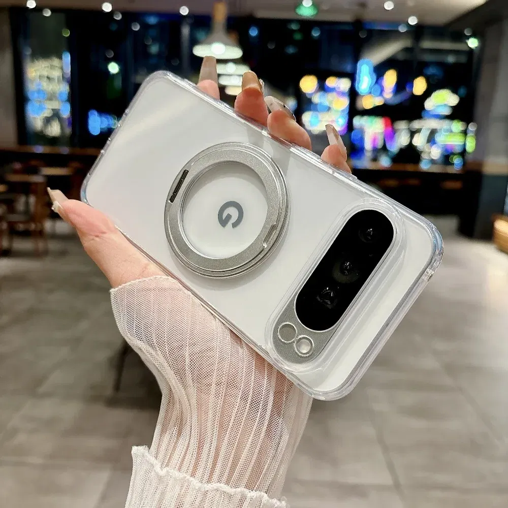 Color: Beige, Compatibility by Model: Google Pixel 10 Pro XL - for Magsafe Matte Rotating Bracket Case for Google Pixel 10 9 Pro XL 8 7 6 9A 8A 7A 6A Holder Stand Transparent Shockproof Cover