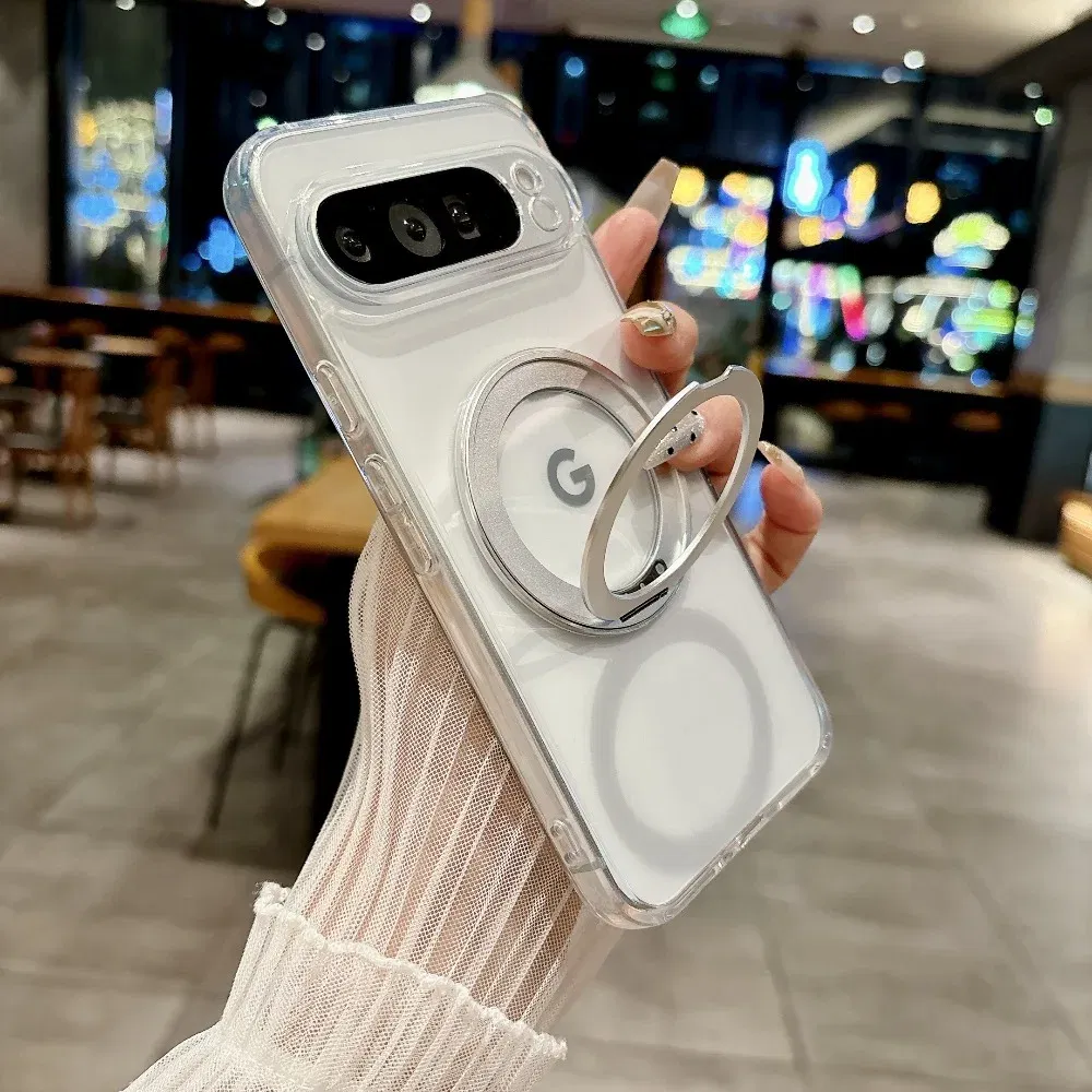 Color: Beige, Compatibility by Model: Google Pixel 10 Pro XL - for Magsafe Matte Rotating Bracket Case for Google Pixel 10 9 Pro XL 8 7 6 9A 8A 7A 6A Holder Stand Transparent Shockproof Cover