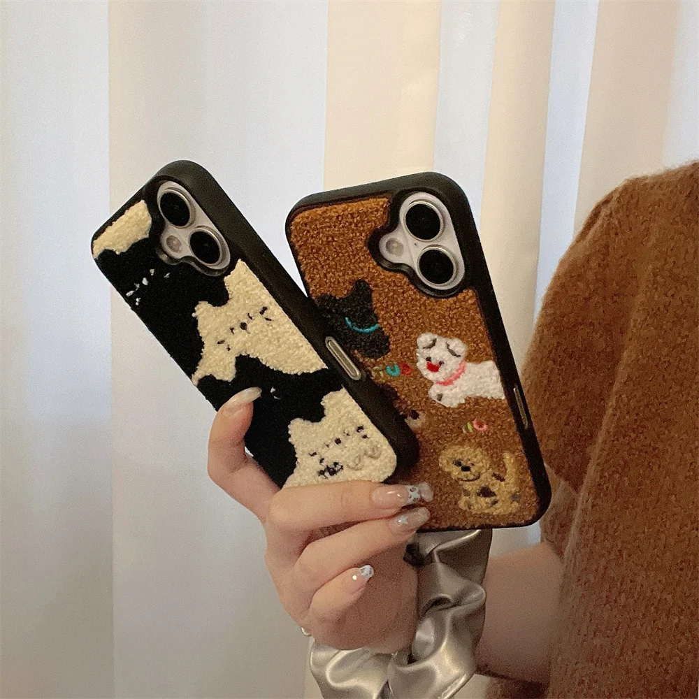 Color: Blue, Material: Vinyl - Luxury Cartoon Embroidery Cute Dog Cats Colorful Dots Phone Case For iPhone 13 14 15 16 Pro Max Plush Winter Shockproof Cover