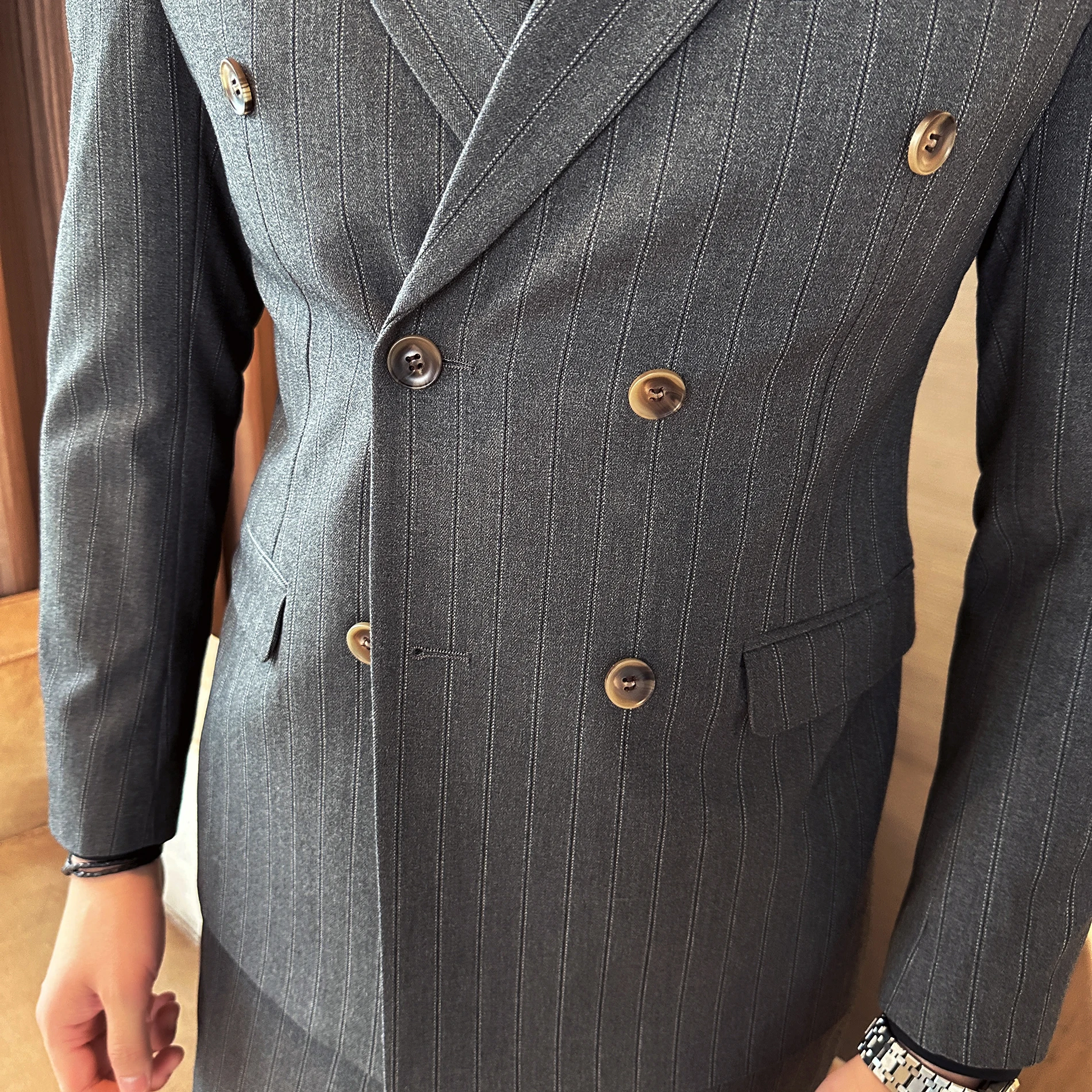 Color: black, Size: 4XL - 2025 Korean-Style British High-Quality Autumn Winter Three-Piece Suit Set Fashionable Cool Versatile Striped Men's Clothing