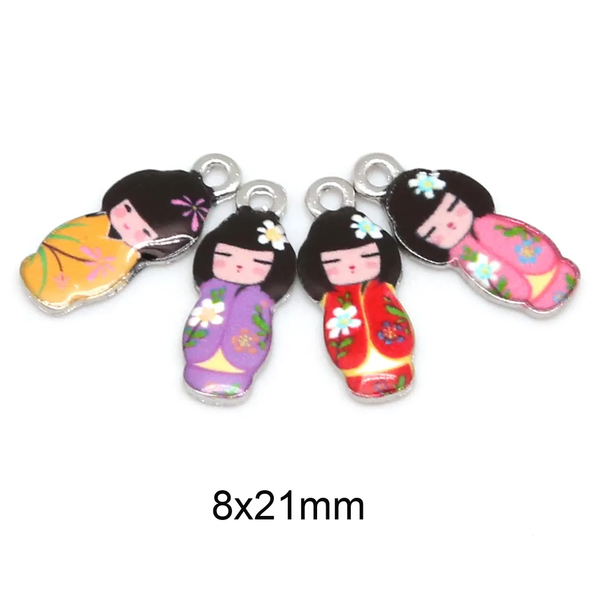 Metal color: BROWN - New Arrival Necklace Pendant Japanese Doll Enamel Charms 2-4pcs 8x21mm Electroplating Plated Rhodium Used For Jewelry Accessory