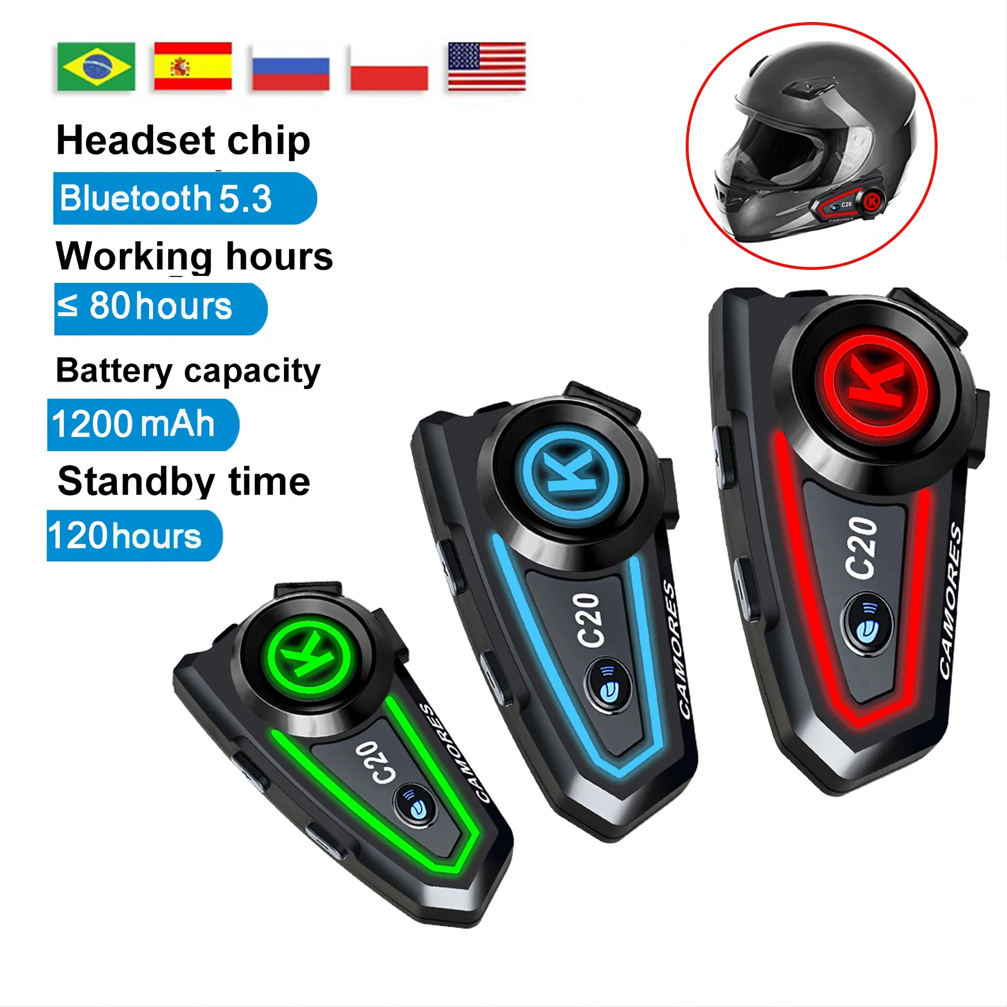 Color: Blue - 2024 New Motorcycle Helmet Bluetooth Headset with Ambient Light Waterproof Music Player 1200Mah Bt5.3 Headset Hands-Free Calling