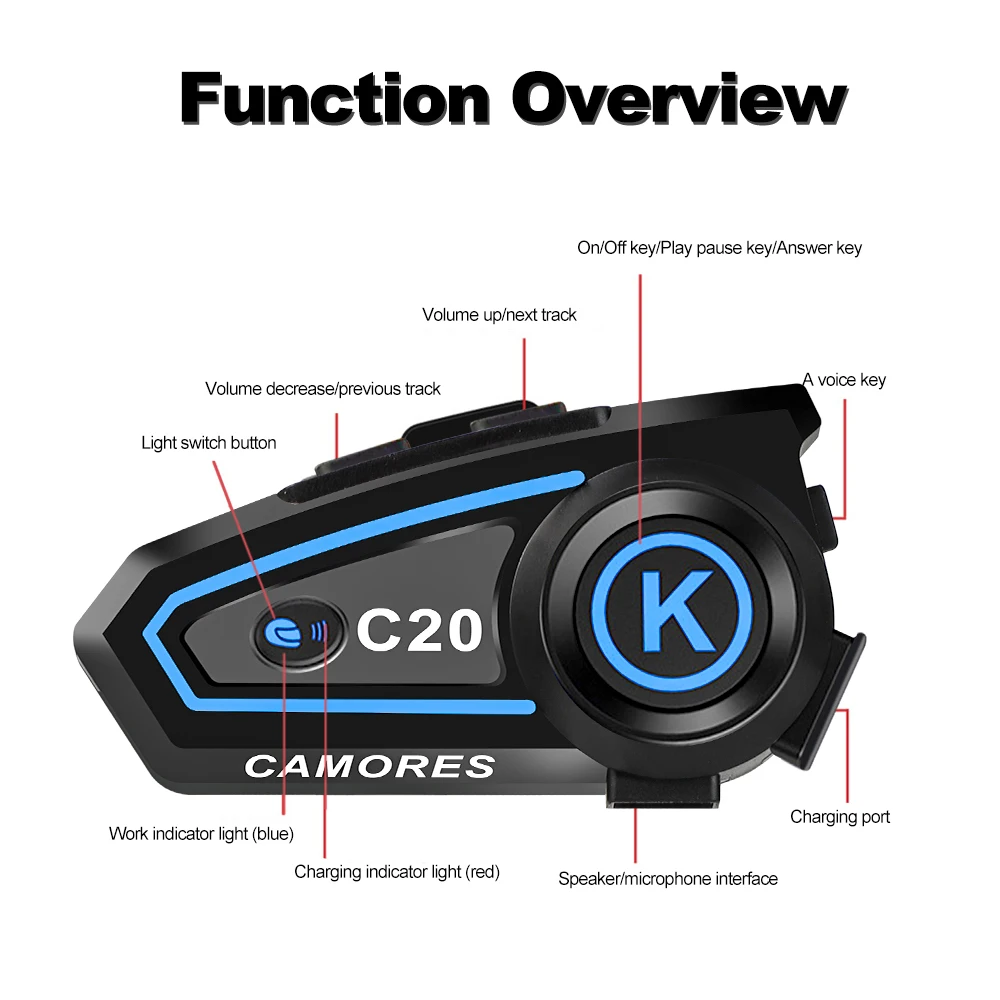 Color: Blue - 2024 New Motorcycle Helmet Bluetooth Headset with Ambient Light Waterproof Music Player 1200Mah Bt5.3 Headset Hands-Free Calling