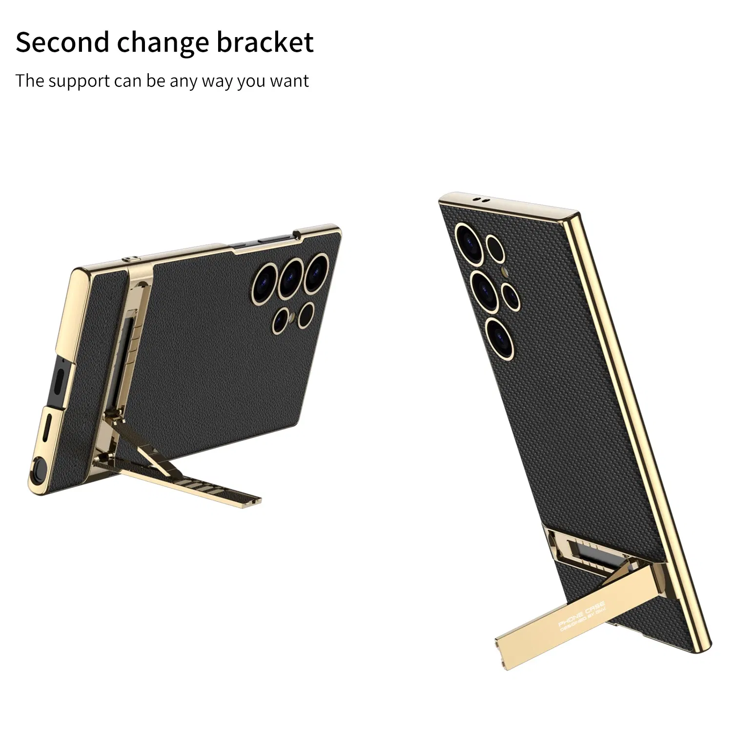 Color: Sky blue, Bundle: Case & Strap, Material: Canvas - For Samsung Galaxy S24 Ultra Plus Case Luxury Electroplated Gold Border Plain Leather Bracket Shockproof Back Cover Accessories