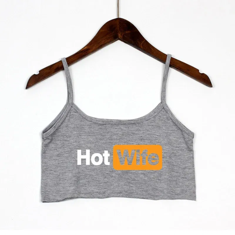 Color: SKY BLUE, Size: M - Funny HOT WIFE Letters Print New Sexy Crop Top Summer Women's Sexy Elastic Cotton Camis Sleeveless Short Tank Top Bar Women