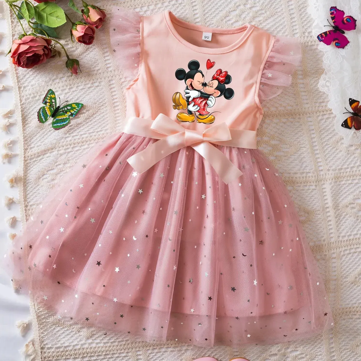 Color: green, Size: XL - Mickey Minnie Mouse Girls Summer Clothes Flying Sleeves Bow Sequin Dress 2-6Y Kid Birthday Tutu Princess Dress for Baby Girl