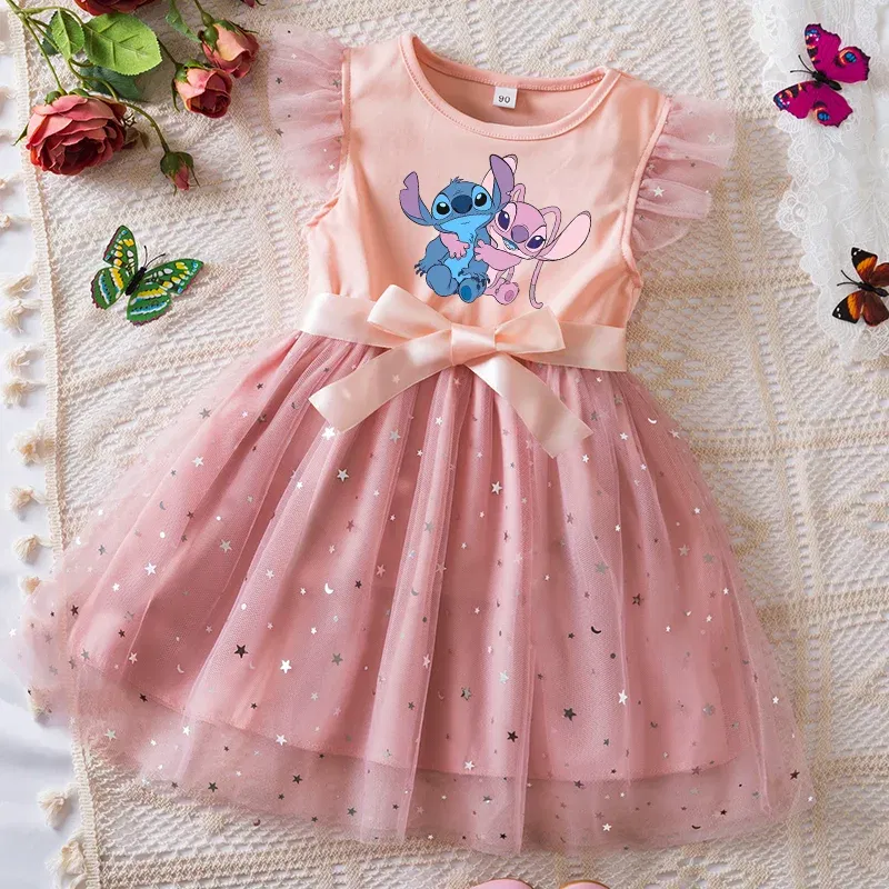Color: Pink, Kid Size: 9 - Lilo Stitch Girls Sequin Tutu Dress with Bow Flutter Sleeves Summer Princess Party Outfit for Toddler Kids 2-6 Years