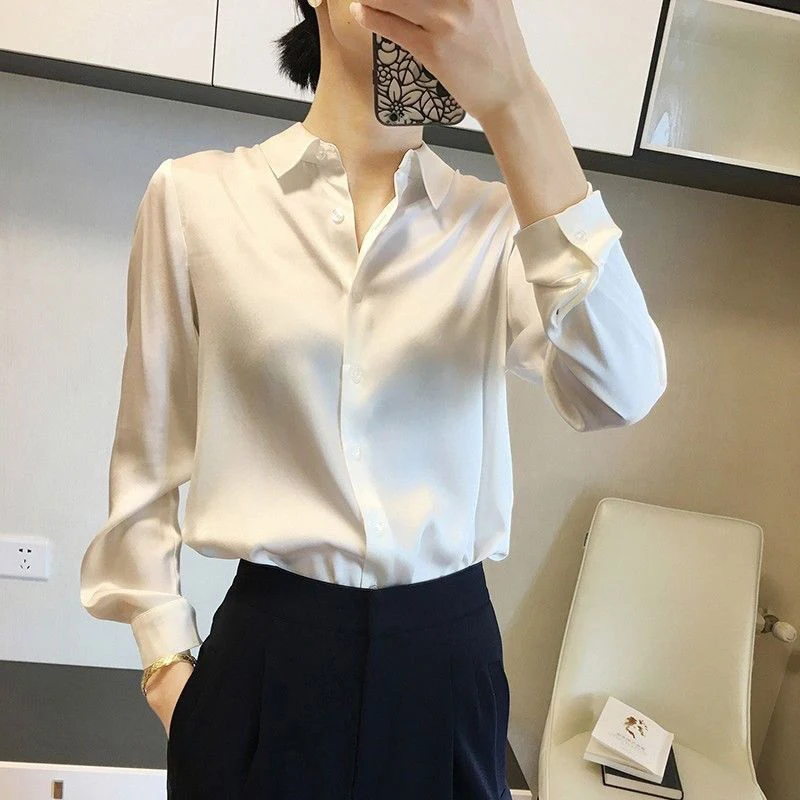 Color: WHITE, Size: 4XL - All-match Satin Finish Shirts And Blouses Women Clothing Casual Top OL Long Sleeve Button Elegant Shirts French Solid Blouses