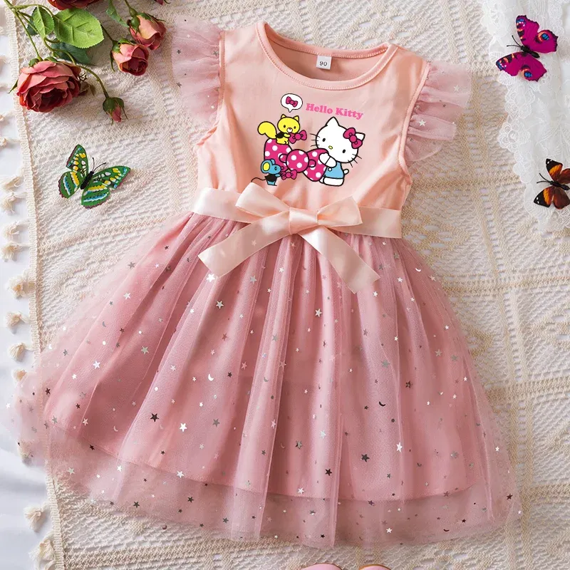 Color: Beige, Kid Size: 11 - Hello Kitty Girls Sequin Tutu Dress with Bow Flutter Sleeves Summer Princess Party Outfit for Toddler Kids 2-6 Years