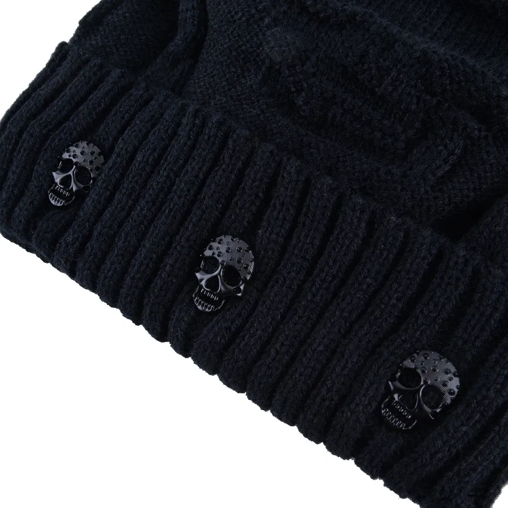 Color: Burgundy, Size: 56/57 - Winter Beanies Men Knitted Skull Pattern Solid Color Hat With Metal Skulls Skullies Beanies Men's Knit Thick Hats Add Velvet