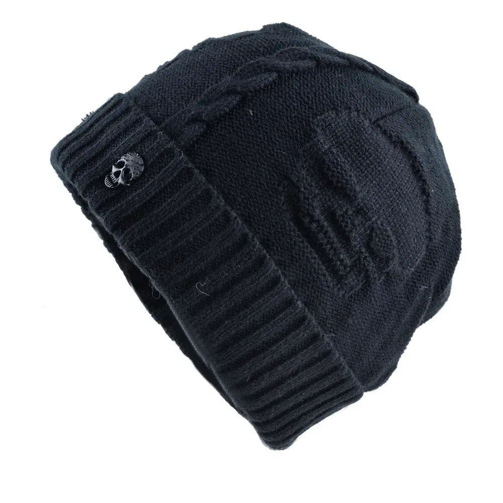 Color: Burgundy, Size: 56/57 - Winter Beanies Men Knitted Skull Pattern Solid Color Hat With Metal Skulls Skullies Beanies Men's Knit Thick Hats Add Velvet