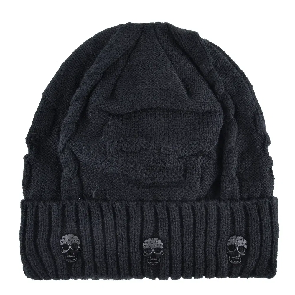 Color: Burgundy, Size: 56/57 - Winter Beanies Men Knitted Skull Pattern Solid Color Hat With Metal Skulls Skullies Beanies Men's Knit Thick Hats Add Velvet