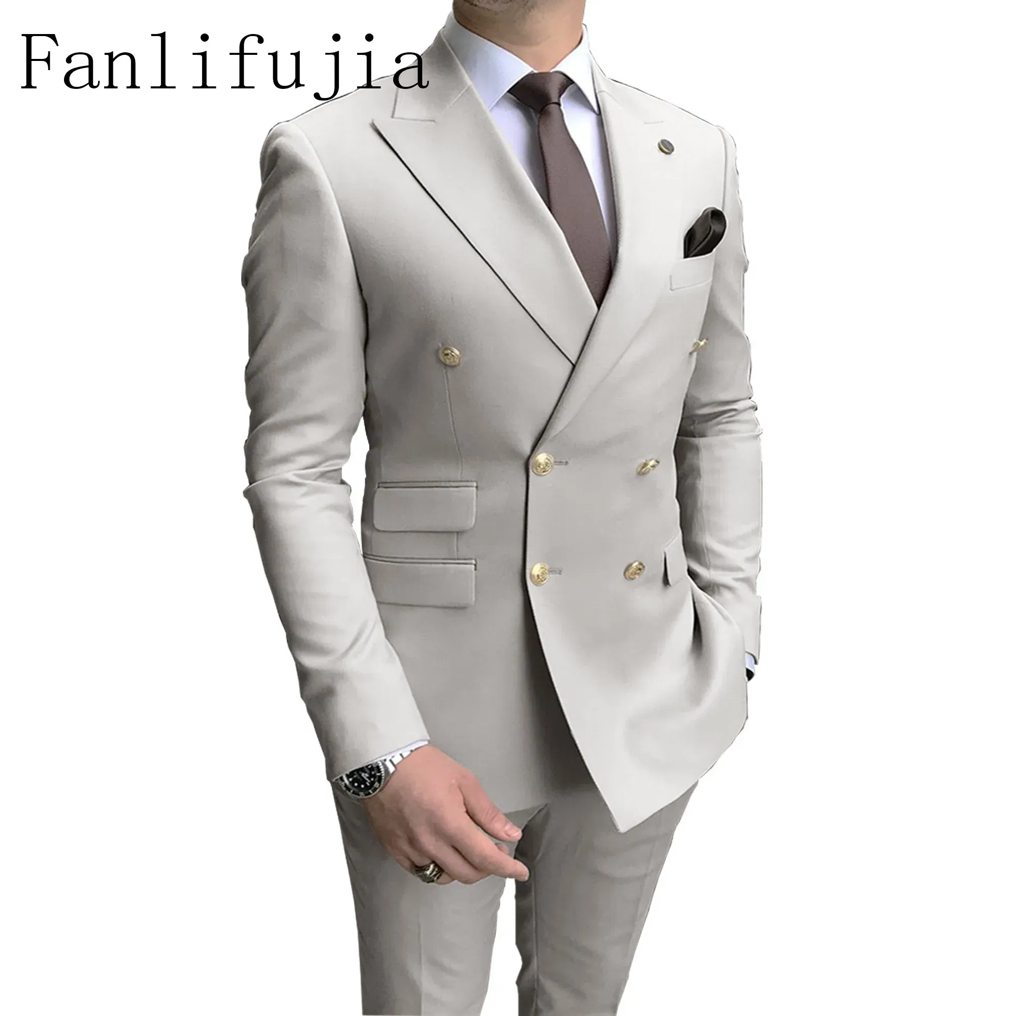 Color: GRAY, Size: 4XL - Fanlifujia Store 2024 Casual Sky Blue Men Suits Double Brested Peak Lapel  Gold Button Groom Wedding Tuxedos Best Costume Homme