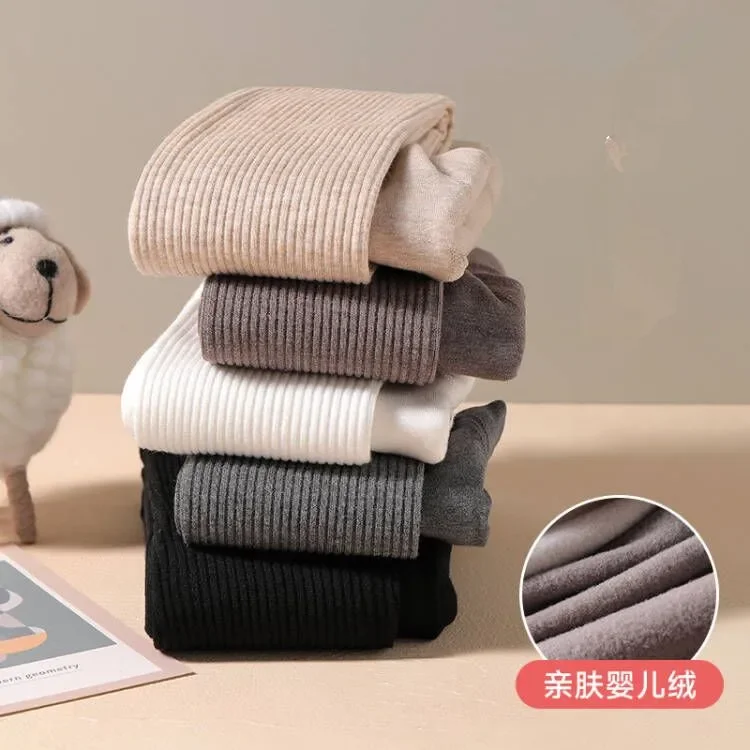 Color: WHITE, Size: XS - Autumn Winter New Thin Plush Vertical Stripe Solid Color Girls' Pantyhose With Plush Warm Children's Bottom Socks and Panties