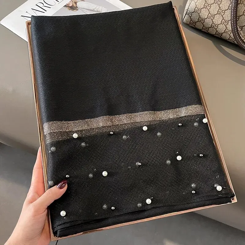 Color: Black - 2024 Luxury Brand Women Fashion Scarf Plain Solid Silk Linen Shawls Summer Lady Bandanas Foulard Hijab