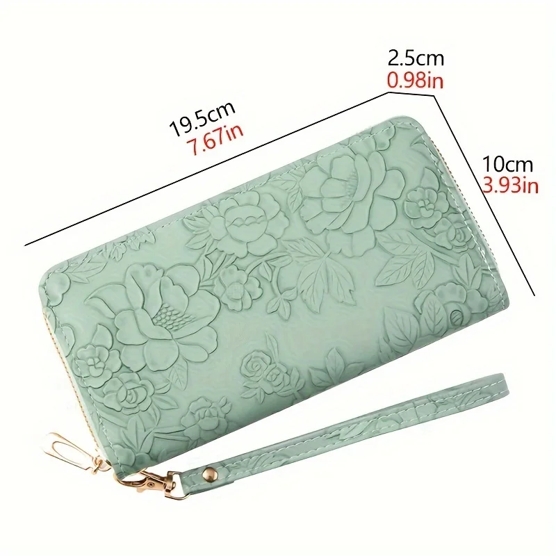 Color: Blue - Floral Embossed Long Wallet, PU Leather Credit Card Holder, Simple Trendy Phone Coin Clutch Purse For Women Hand-painted Wallet
