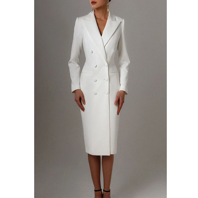 Color: Champagne, Size: S - Women's Suit Long Blazer Double Breasted Jacket White Tuxedo Party Point Lapel Clothes спор?‚ивн?‹й кос?‚юм ?¶?µнск