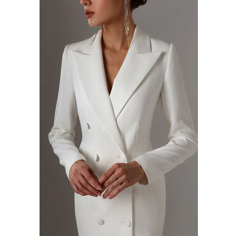 Color: Champagne, Size: S - Women's Suit Long Blazer Double Breasted Jacket White Tuxedo Party Point Lapel Clothes спор?‚ивн?‹й кос?‚юм ?¶?µнск