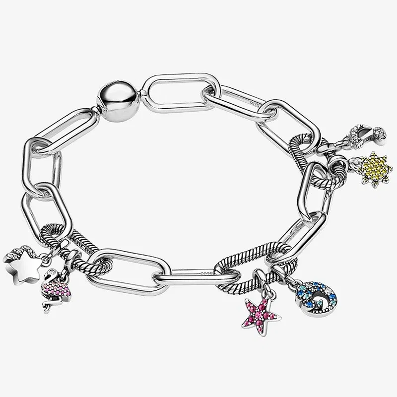 Color: Sky blue - 2022 New 925 Sterling Silver My Love Starfish Flamingo Pendant Charm Fit Original Pandora Me Bracelet DIY Bead Jewelry For Women