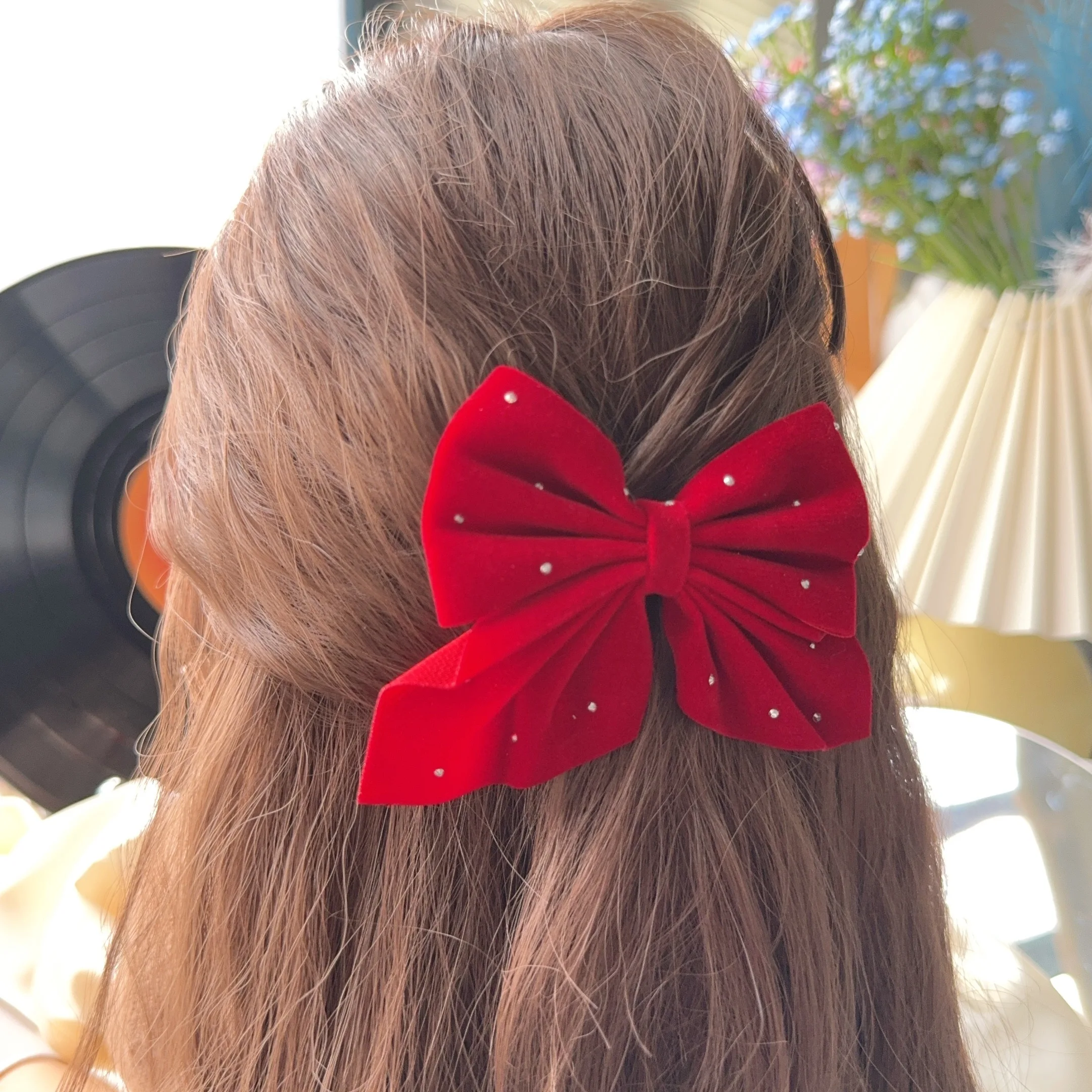 Color: Burgundy - 2Pcs Starry Dots Red Velvet Bow Hair Pins Hair Clips Kids Girls Fashion Christmas Barrettes Ponytail Holder Headwear Accessories