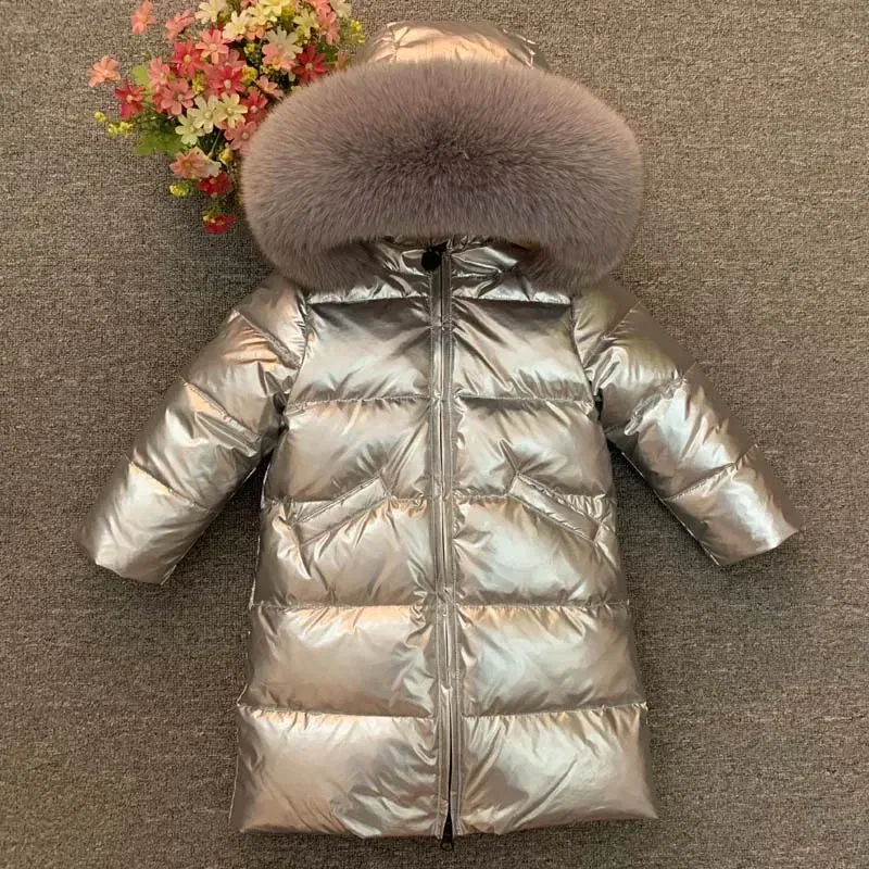 Color: Silver, Kid Size: 10 - Children Girl boy Winter real fur thickened down jackets 90 down Long Coat jacket overcoat baby kids clothing -30 outwear ws1245