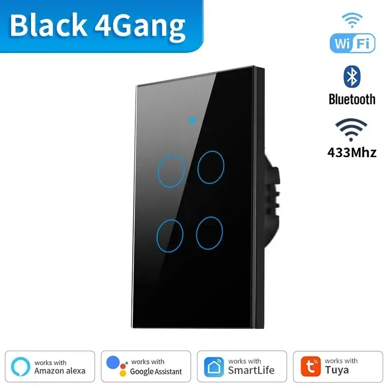 Color: GRAY - Tuya US WiFi+Bluetooth Smart Switches No Neutral Wire Required 1/2/3/4 Gang Light WiFi Touch Switch Work with Alexa Google Home