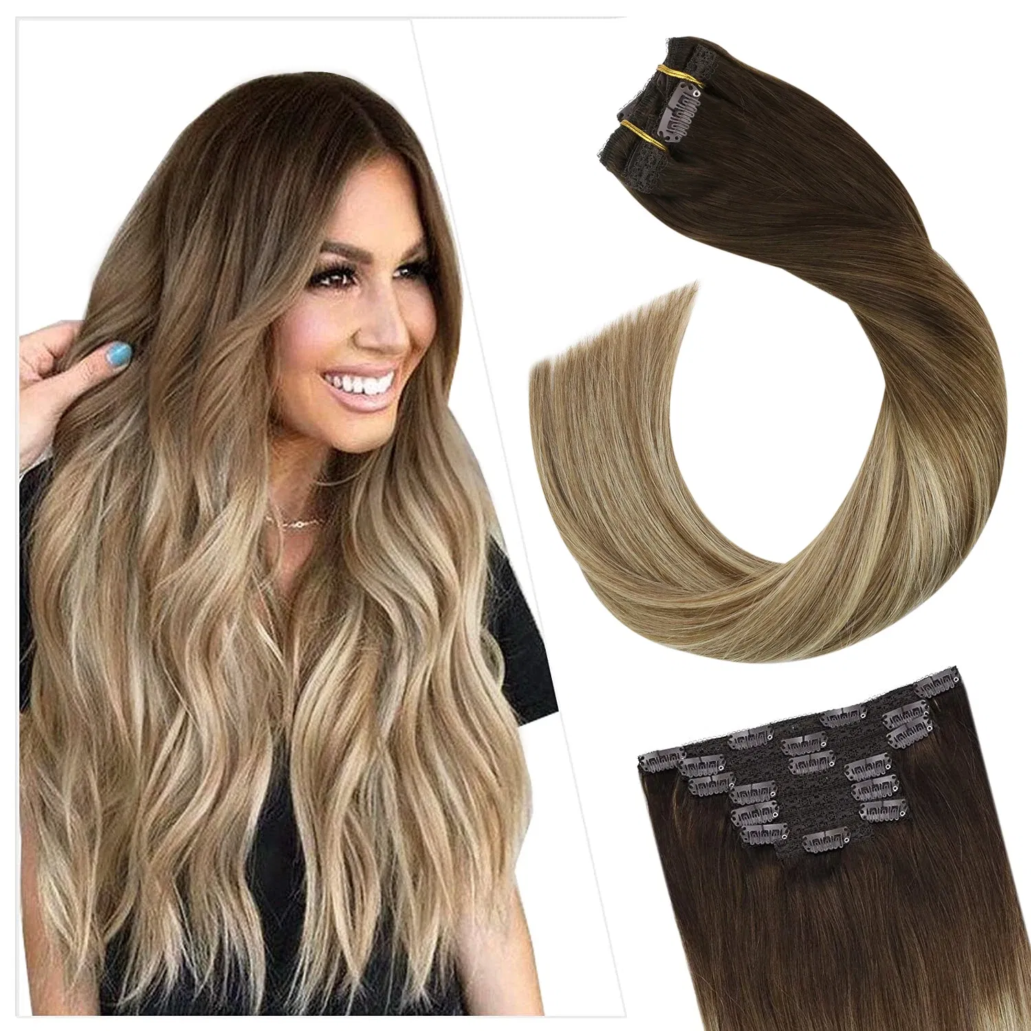 Color: T4/27, Length: 16 inches, Weight Per Package: 120g/Set - [16 Colors] Ugeat Clip in Hair Extensions Human Hair 14-22" Double Weft Remy Hair Full Head Clip in Extensions for Woman 7Pcs