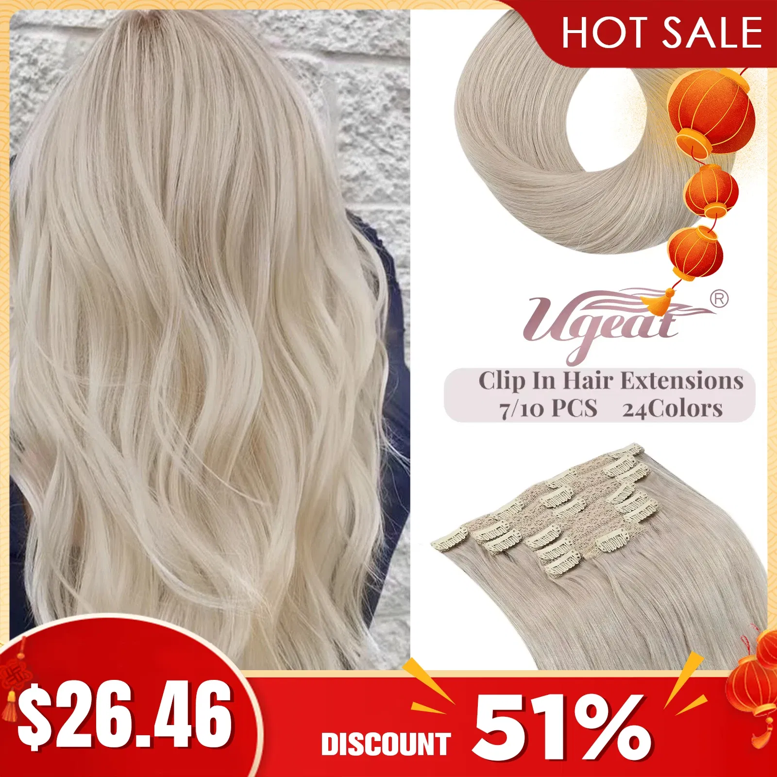 Color: T4/27, Length: 16 inches, Weight Per Package: 120g/Set - [16 Colors] Ugeat Clip in Hair Extensions Human Hair 14-22" Double Weft Remy Hair Full Head Clip in Extensions for Woman 7Pcs