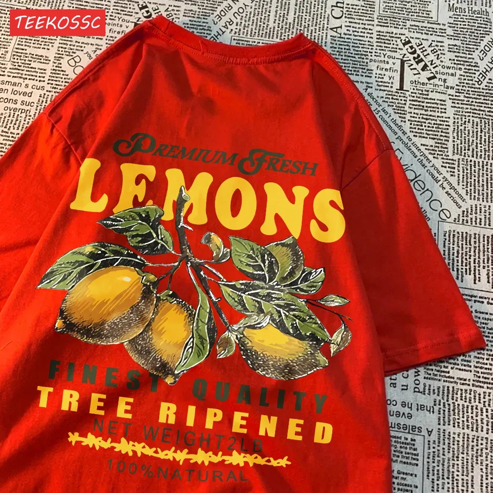 Color: Dark Brown, Size: L - Summer Lemon Cherries Prints T-Shirts Cotton Women's Tops Oversize O-Neck Soft Short Sleeve tees Street Casual Womans Clothes