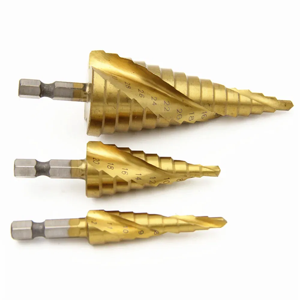 Color: Gold - 3pcs Spiral Grooved Drill Bits 3-12 4-12 4-20 Drilling Power Tool Metal Stainless Steel Wood Hole Cutter Cone Fast Drill Bit Set