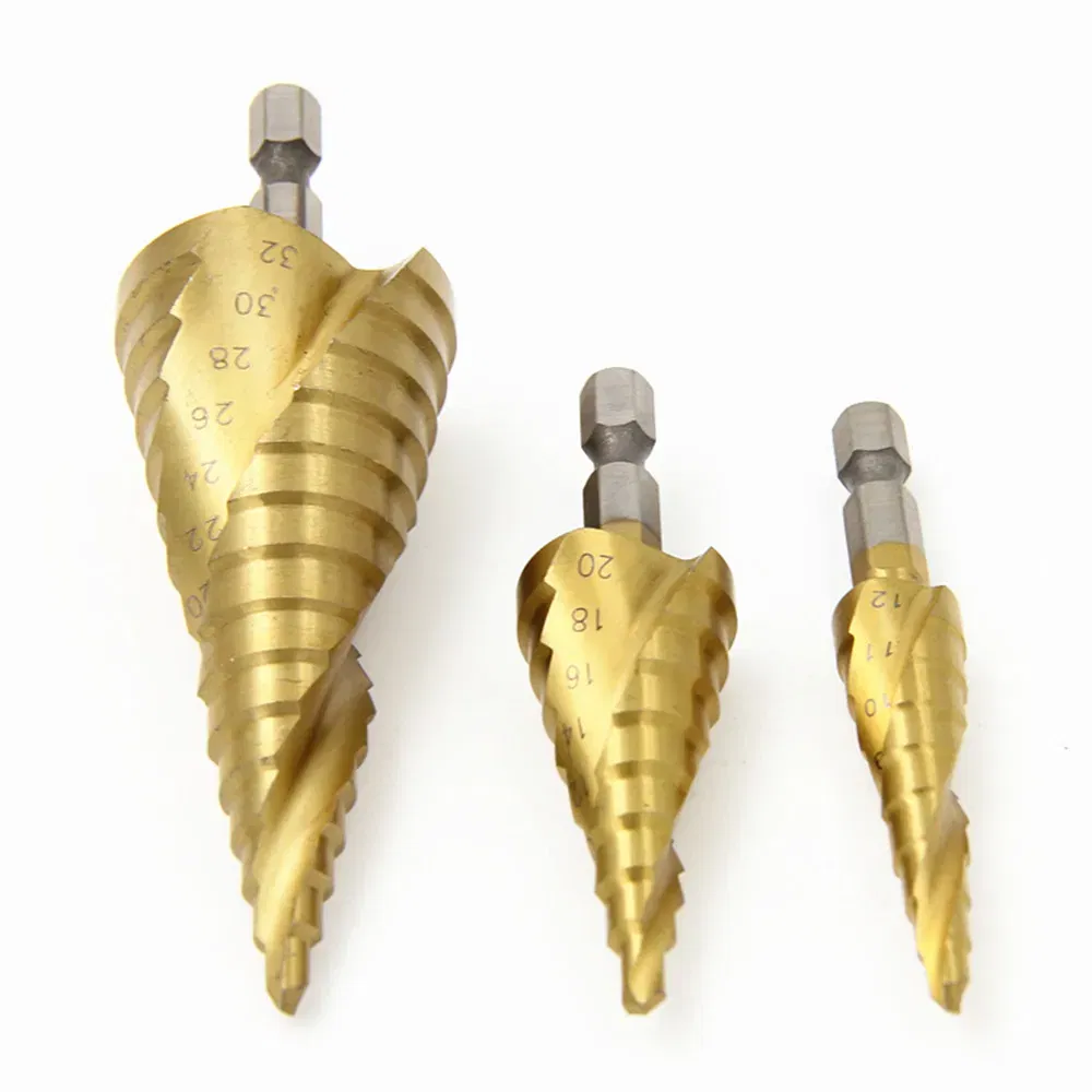 Color: Gold - 3pcs Spiral Grooved Drill Bits 3-12 4-12 4-20 Drilling Power Tool Metal Stainless Steel Wood Hole Cutter Cone Fast Drill Bit Set