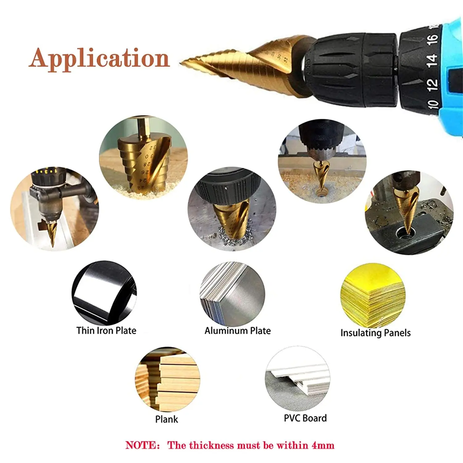 Color: Gold - 3pcs Spiral Grooved Drill Bits 3-12 4-12 4-20 Drilling Power Tool Metal Stainless Steel Wood Hole Cutter Cone Fast Drill Bit Set