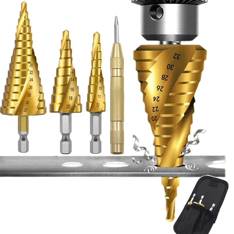 Color: Gold - 3pcs Spiral Grooved Drill Bits 3-12 4-12 4-20 Drilling Power Tool Metal Stainless Steel Wood Hole Cutter Cone Fast Drill Bit Set