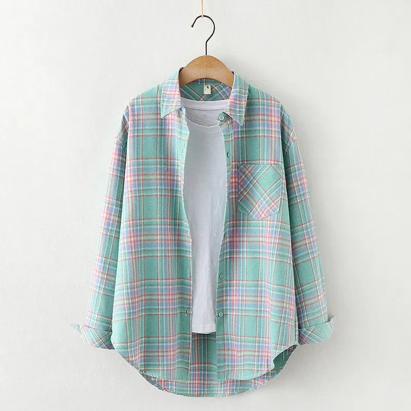 Color: WHITE, Size: L - Fresh Flannel Plaid Shirt Women 2025 New Female Blouses and Tops Cotton Loose Long Sleeve Casual Shirts Fine Women's Clothes