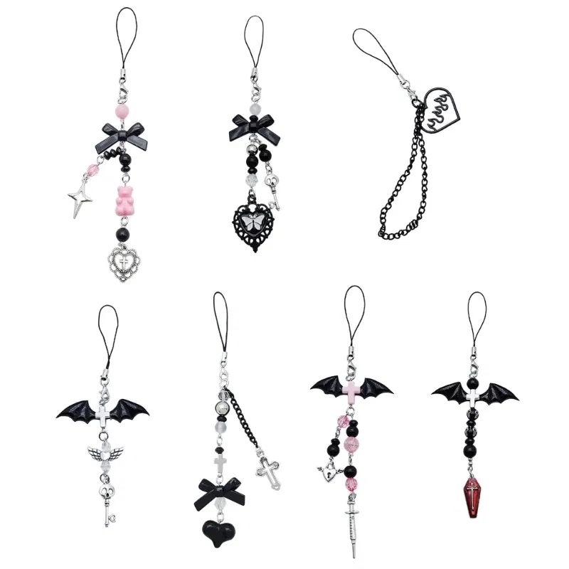 Color: F Color - Goth Y2K Phone Charm Pendant Kawaii-Key Chain For Bag Cute Accessory Women Guitar Strap Lanyard Beaded Keychain Pendant