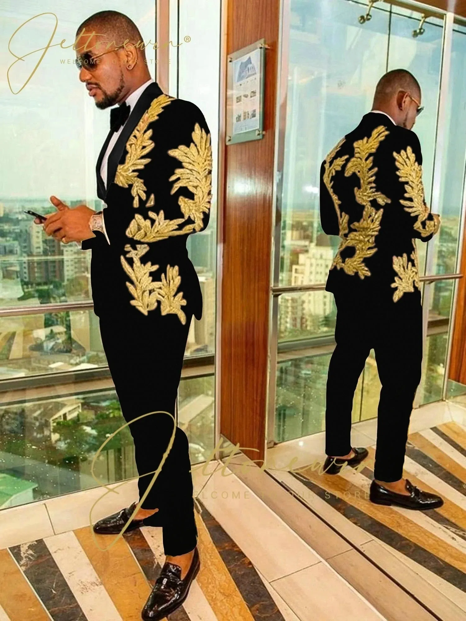 Color: Dark Grey, Size: L - Luxury Groom Wedding Tuxedos Gold Sequins Appliques Black Men Suits Slim Fit Costume Homme Marriage Prom Suits