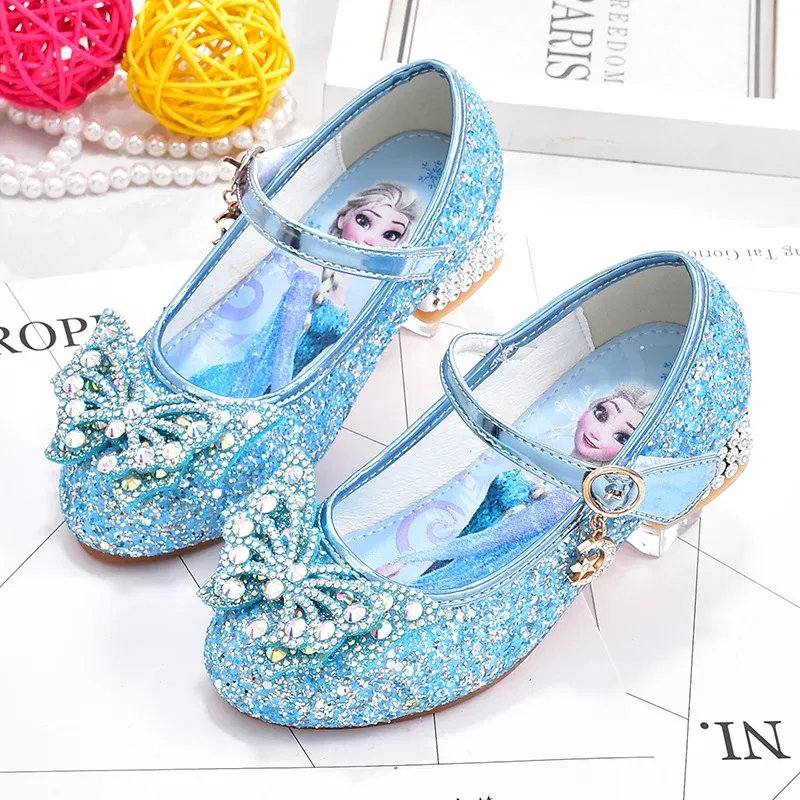 Color: Pink, Shoe Size: 28 - Disney Princess Elsa Leather Shoes Girls' High Heels Shoes Fashion Girls' Crystal Shiny Children's Blue Pink Shoes Size 26-35