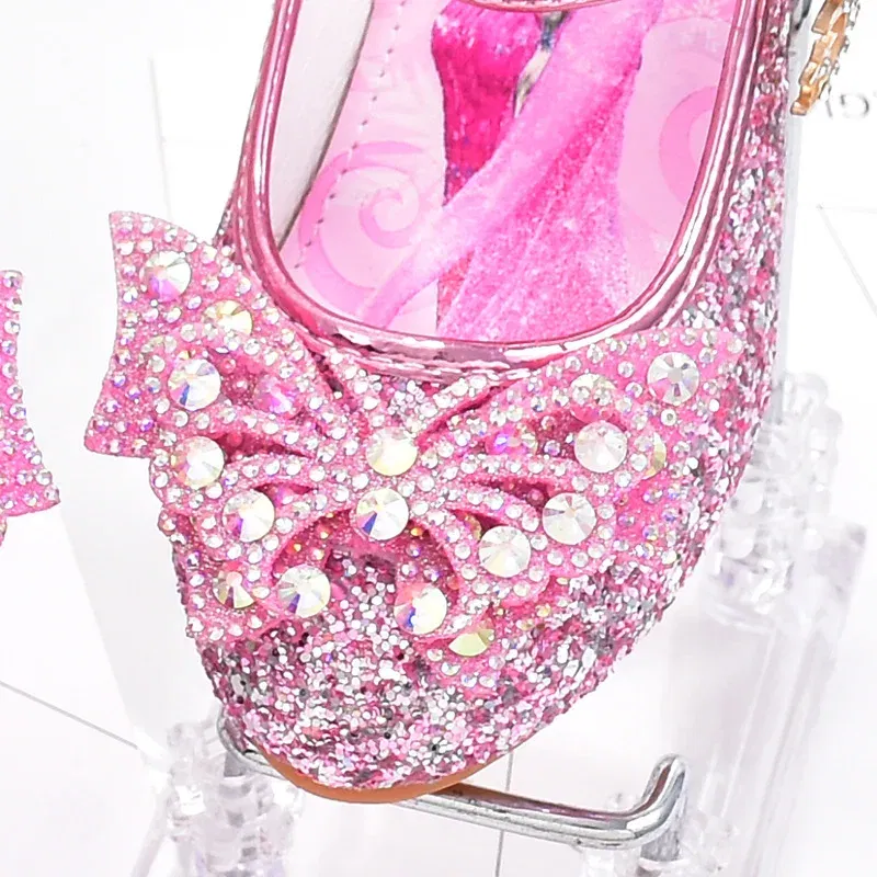 Color: Pink, Shoe Size: 28 - Disney Princess Elsa Leather Shoes Girls' High Heels Shoes Fashion Girls' Crystal Shiny Children's Blue Pink Shoes Size 26-35