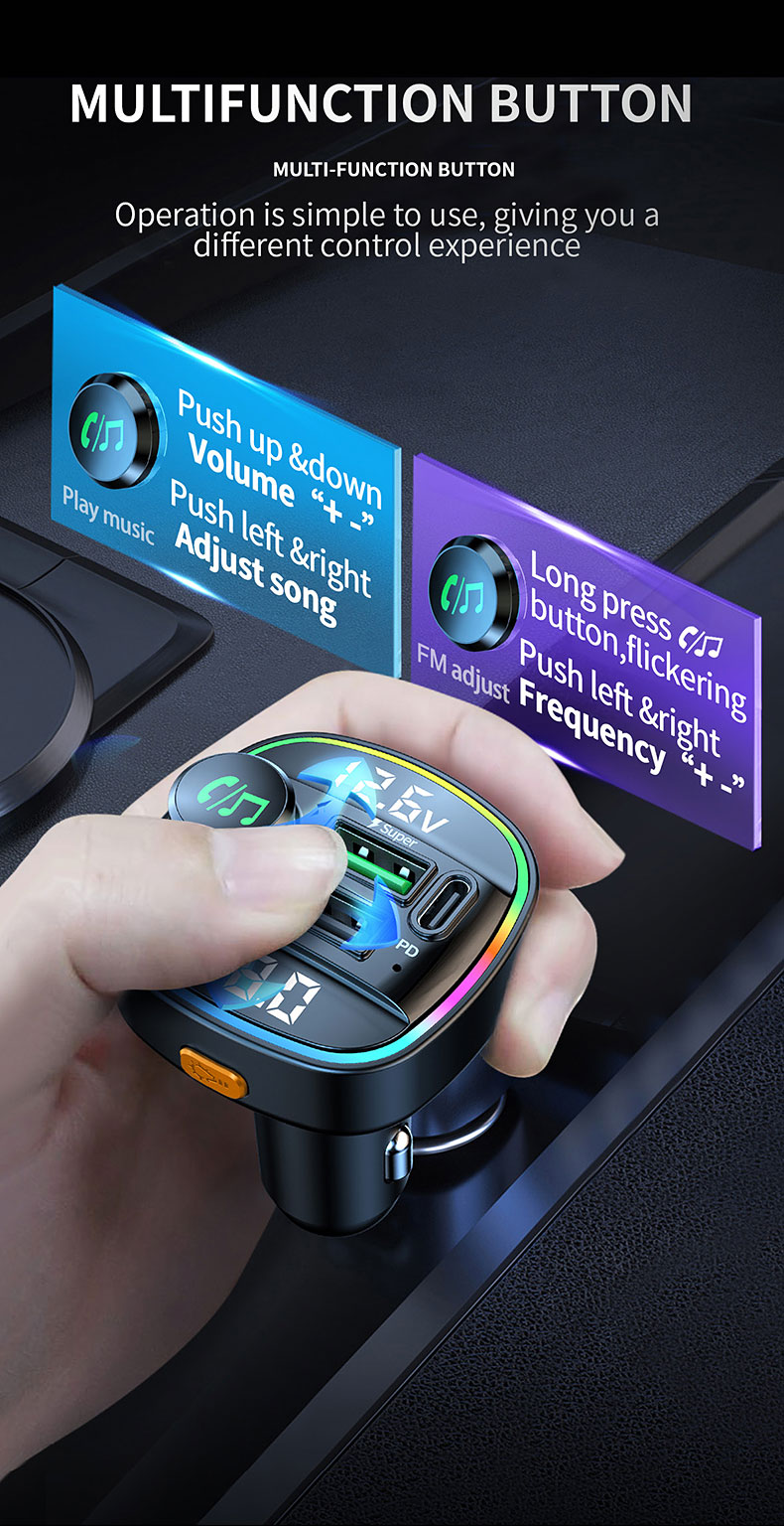 Car Radio Modulator MP3 Player Bluetooth 5.0 FM Transmitter Hands-Free,USB Super Fast Charging Cigarette Lighter