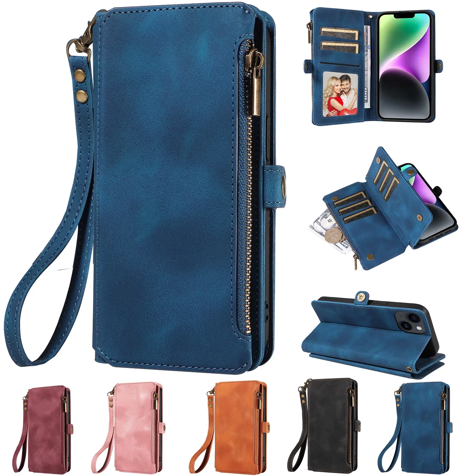 Color: black, Material: aluminum - Zipper Multi 9 Cards Wallet Case for OPPO Reno 12 10 8 7 6 5 Pro 11F 11A 8T 6Z 5Z Retro Leather Lanyard Wrist Strap Phone Cover