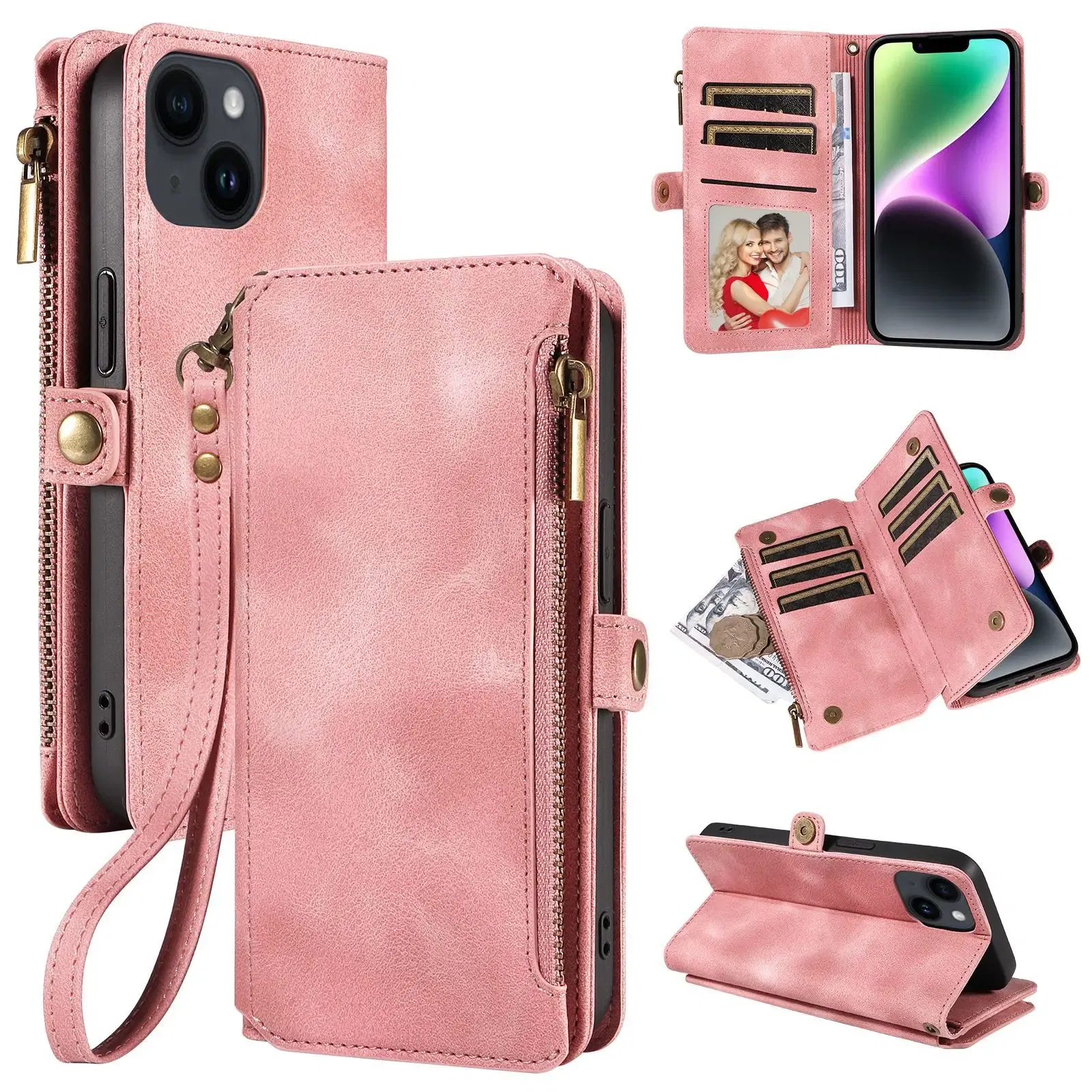 Color: black, Material: aluminum - Zipper Multi 9 Cards Wallet Case for OPPO Reno 12 10 8 7 6 5 Pro 11F 11A 8T 6Z 5Z Retro Leather Lanyard Wrist Strap Phone Cover